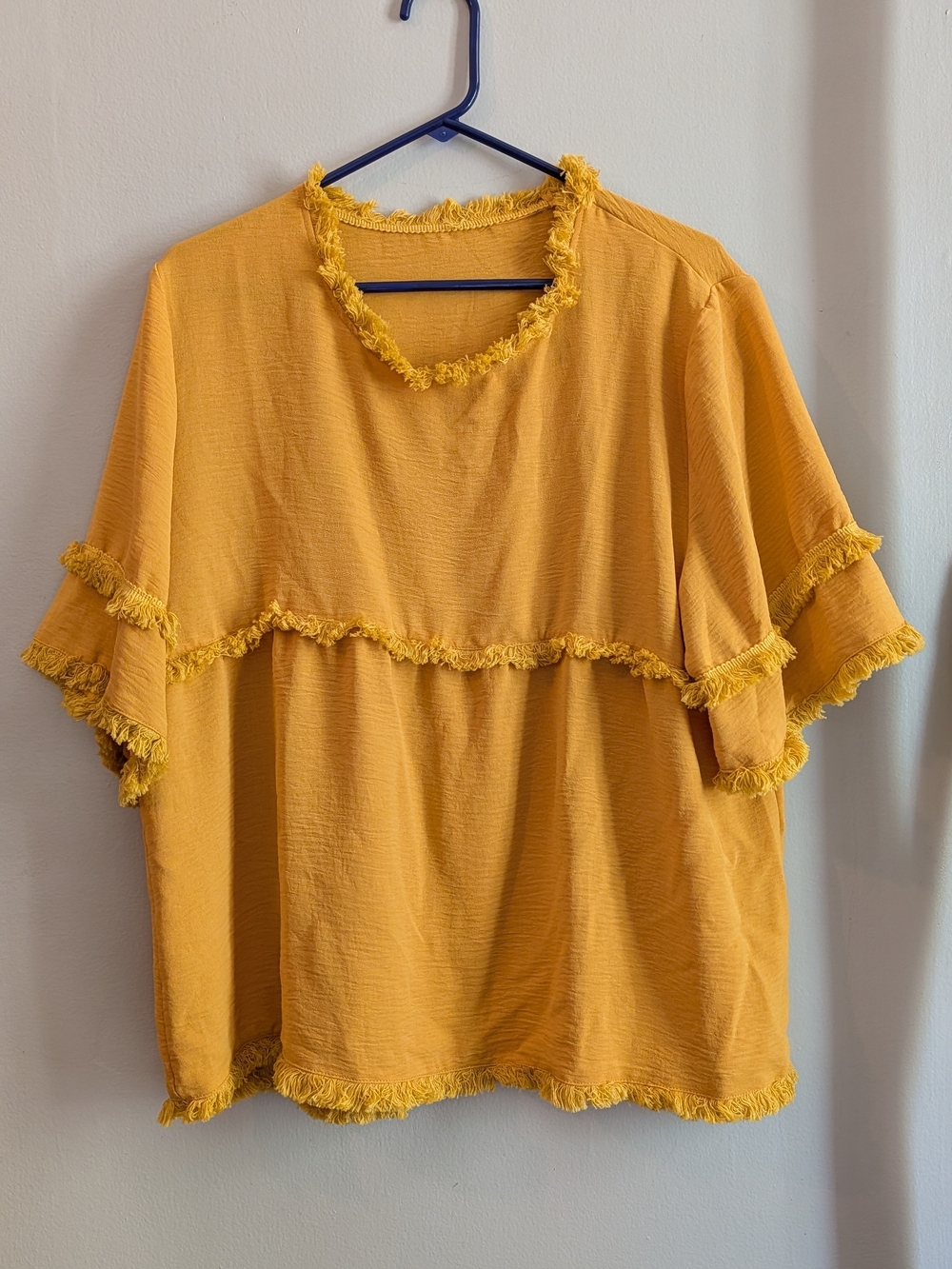 Mustard Yellow Goldenrod Fringe Short Sleeve Womens Top XL Boho